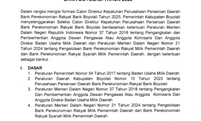 Pengumuman Seleksi Calon Direktur Kepatuhan PERSERODA BANK BOYOLALI Tahun 2025